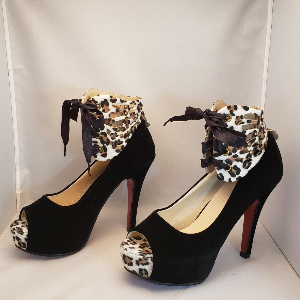 Black "velvet" and leopard faux fur heels